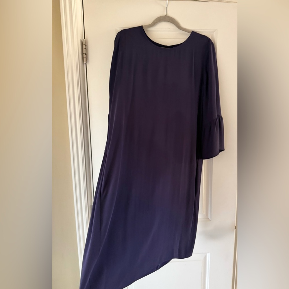 Eileen Fisher 100% Silk Shift Dress Navy M Lantern Sleeve Minimalist